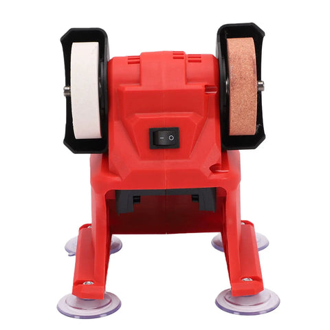 Heavy Duty Mini Bench Grinder With 3mm Steel Guard For Robust Grinding And Polishing, featuring dual corundum wheels.