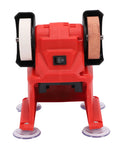 Heavy-Duty Mini Bench Grinder With 3mm Metal Guard Corundum Wheels for polishing and sharpening tasks, front view of red grinder.