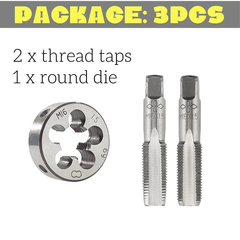 M16 X 1.5 and M14 X 1.5 Tap and Die Set for Metric Threads Right Hand, 2 thread taps, 1 round die, 3-piece package