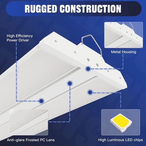 Close-up of 300W LED Linear High Bay Light For Warehouse And Shop 45000 Lumen Output 3 Ft Fixture, highlighting metal housing and components.