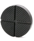 Front view: round black rubber floor jack pad with cross-grooved surface for pinch-weld protection.