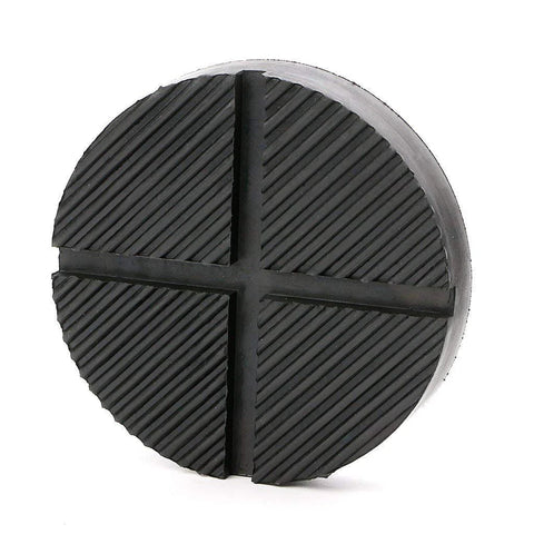 Front view: round black rubber floor jack pad with cross-grooved surface for pinch-weld protection.