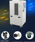 Rugged Portable Industrial Air Conditioner Loaded With A Massive Water Reservoir And Heavy Duty Caster Wheels Commercial Spot Cooler side view with cool air arrows and features.