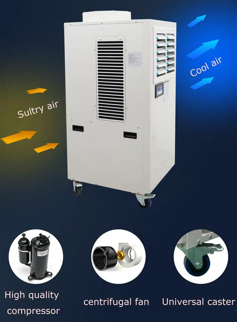 Rugged Portable Industrial Air Conditioner Loaded With A Massive Water Reservoir And Heavy Duty Caster Wheels Commercial Spot Cooler side view with cool air arrows and features.