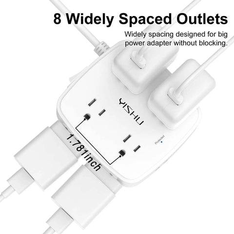 Heavy Duty Surge Protector Power Strip With Six Foot Cord And Eight Wide Outlets Plus Four Fast Charge Usb Ports showing eight spaced outlets.