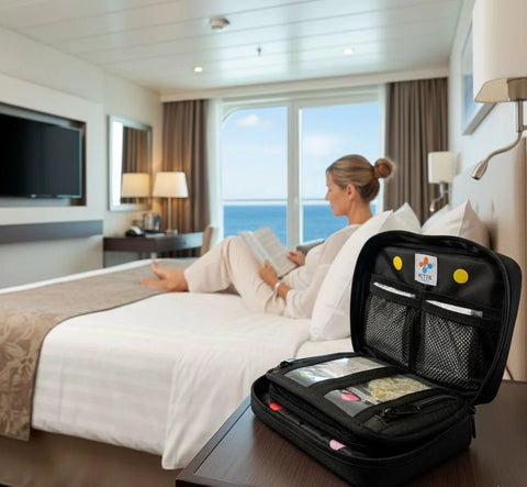 Black zippered travel medical kit opened on hotel nightstand, contents visible; woman reading on bed in background.