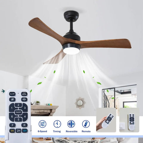 42" Solid Wood Blades Ceiling Fan with Lights in matte black, featuring a light and remote control, installed indoors.