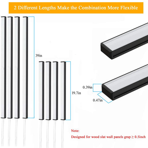 Image showing Eight Pack 3000K LED Lights For Wood Slat Walls And WPC Panels Self Adhesive with two lengths: 19.7in and 39in.