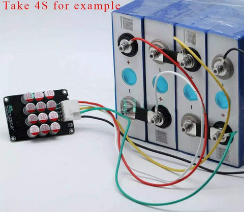 Premium 3S And 4S 12 Volt 5 Amp Active Battery Equalizer Balancer Module For Li Ion LiFePo4 Packs connected to battery cells.