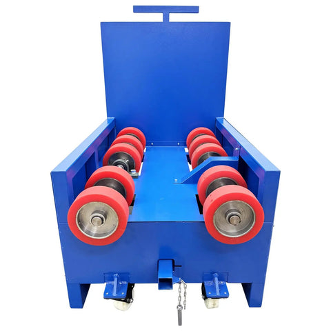 Heavy Hitter 110 Volt Electric Drum Rotator Mixer Portable Industrial Roller with red wheels, blue frame, for blending 53-gallon barrels.
