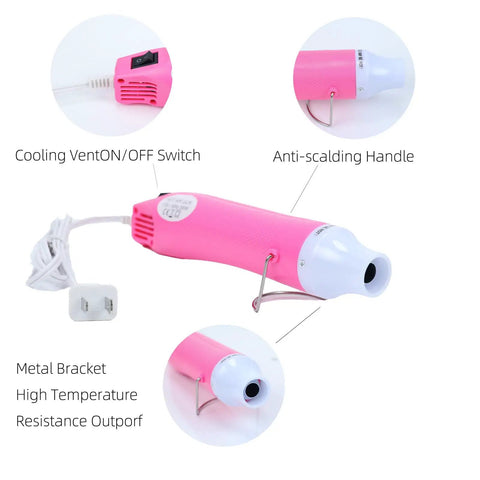 DIY Heat Gun For Crafting And Home Projects, 110V 300W Handheld Hot Air Tool in pink with features labeled like cooling vent and handle.