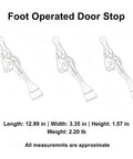 Diagram of foot operated door stop for hands free entryway access with measurements, zinc alloy floor holder, three views.