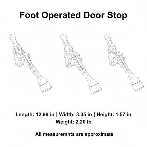 Diagram of foot operated door stop for hands free entryway access with measurements, zinc alloy floor holder, three views.