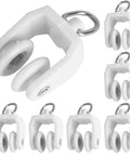 Fifty Piece Heavy Duty Ceiling Curtain Track Rollers With Flexible Bendable Clips showing smooth white double wheel sliders.