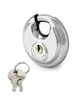 Beefy Heavy Duty Disc Lock With Three Eighths Inch Shackle, Steel Padlock For Storage Units, shown with keys