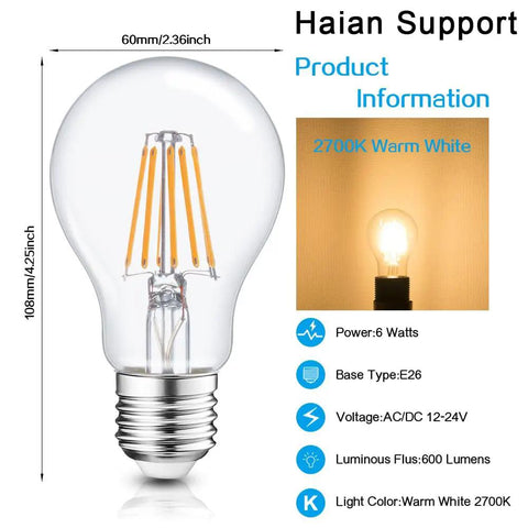 12V LED Bulb 6W 600Lm E26 E27 Base 12 To 24V AC DC Ready 4 Pack product with specifications chart.