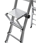 375 Pound Rated Ladder Work Platform Accessory, Heavy Duty, wide secure surface for ladders, shown attached to ladder structure.