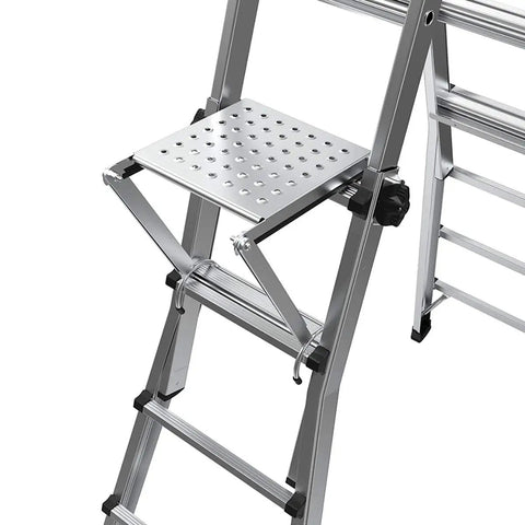 375 Pound Rated Ladder Work Platform Accessory, Heavy Duty, wide secure surface for ladders, shown attached to ladder structure.