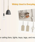 120 Inch Ceiling Fan Pull Chain Extender With Stainless Steel Ball Chain 12 Connectors, shown with various attachments and uses.