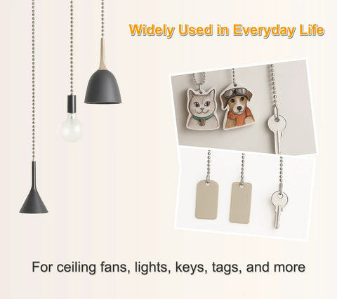 120 Inch Ceiling Fan Pull Chain Extender With Stainless Steel Ball Chain 12 Connectors, shown with various attachments and uses.