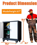 Heavy Duty Metal Storage Cabinet on wheels with open locking doors, adjustable shelves, tools visible, next to a man for scale.