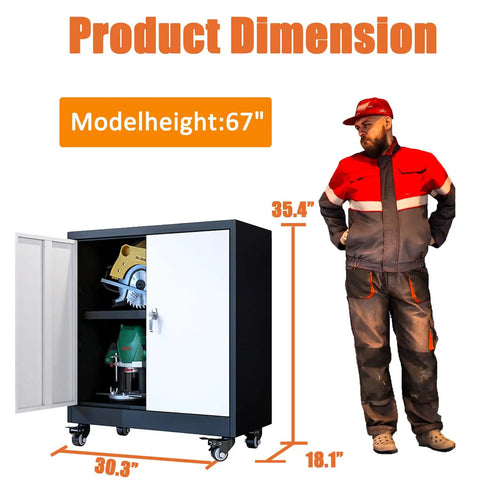 Heavy Duty Metal Storage Cabinet on wheels with open locking doors, adjustable shelves, tools visible, next to a man for scale.