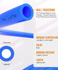 Close-up of blue 1/2 inch OD air hose with text highlighting wall thickness, temperature, pressure, and length specifications.