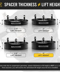 Spacer thickness and lift height comparison for the leveling kit, showcasing T6 aluminum strut blocks for Chevy Silverado 1500.