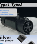 Plug And Play Type 1 To Type 2 EV Charging Adapter J1772 To IEC62196 Supports 32A showcasing black casing and guide pin details.