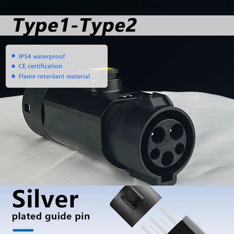 Plug And Play Type 1 To Type 2 EV Charging Adapter J1772 To IEC62196 Supports 32A showcasing black casing and guide pin details.
