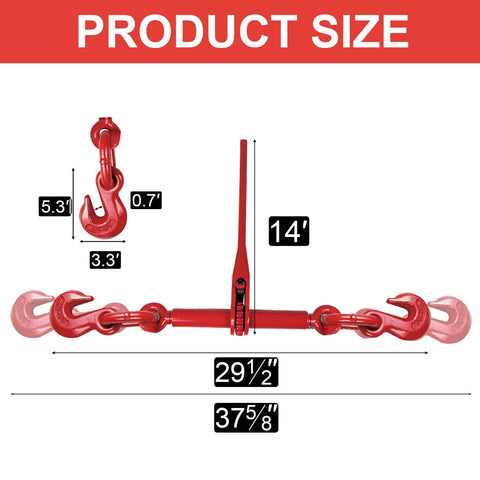 Diagram of Red Beefy Ratchet Load Binders Half To Five Eighths Inch With Grab Hooks, dimensioned for securing heavy loads.