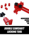 Red 9-piece dual camshaft locking tool kit for automotive timing with star-knob clamps