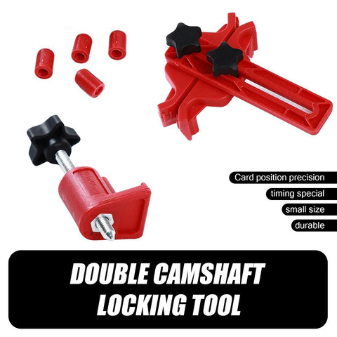 Red 9-piece dual camshaft locking tool kit for automotive timing with star-knob clamps