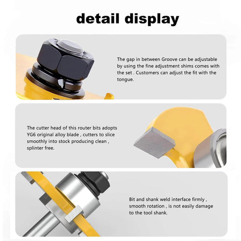 Detail display of Tongue And Groove Router Bit Set For One Quarter Inch Shank, Two Pack with cutting depth features.