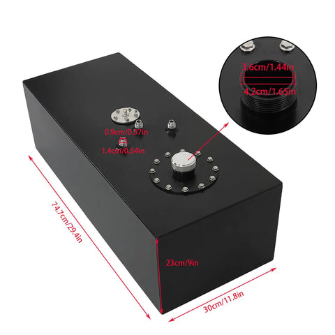15 Gallon Aluminum Racing Fuel Cell Tank With Cap And Level Sender Rollover Vent 8AN Inlet And Outlet 57 L Drift Car Fuel Tank Black Finish For Drift Ready Performance, showing dimensions and details in black finish