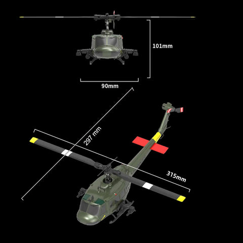 Front and side view of 315mm Remote Control Helicopter For Adults Pro Grade 6CH RTF with dimensions indicated