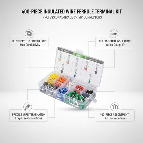 Super Cool 400 Piece Insulated Wire Ferrule Terminal Kit With Color Coded Copper Crimp Connectors For Stranded Wires To Tame Messy Ends, Perfect For Control Panels, Machinery Assembly, And Sweet Automotive Or Electronics Projects To Make Secure. 400-piece organizer with color-coded insulated copper ferrules