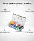 Massive 400 Piece Insulated Wire Ferrule Terminal Kit Featuring Premium Copper Crimp Connectors That Keep Stranded Wires Tidy And Secure For Control Panels Cars And Heavy Equipment Projects, open case