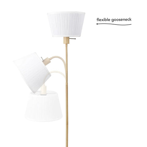 52 Inch Floor Lamp With Faux Wood Finish And White Pattern Shade Japandi Style Adjustable Arm On Off Rotary Switch Socket For Easy Operation Ideal Modern Living Room Light, showing flexible gooseneck design.