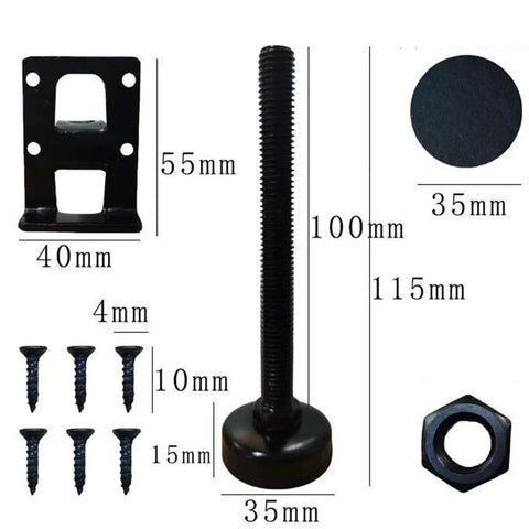 Adjustable Leveling Feet For Furniture Set Of 10 Heavy Duty Leg Levelers dimensions and components shown with measurements.