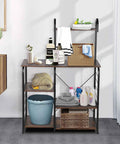 Hella Sturdy Five Tier Industrial Wooden Baker Rack Heavy Utility Storage Shelf No Fuss Oven Stand Slick Kitchen Organizer Game Changer Wine Display Setup, showcasing laundry and kitchen items on shelves.