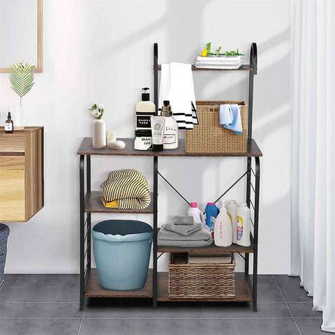 Hella Sturdy Five Tier Industrial Wooden Baker Rack Heavy Utility Storage Shelf No Fuss Oven Stand Slick Kitchen Organizer Game Changer Wine Display Setup, showcasing laundry and kitchen items on shelves.
