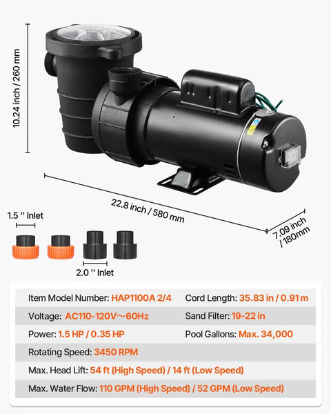 Tough As Nails Dual Speed Above Ground Pool Pump With 1.5 HP Copper Motor and strainer basket, 22.8 inch long, black.