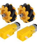 48mm Mecanum Wheel Set With TT Motors For Smooth Omnidirectional Robot Movement, Rubber Coated Wheels For Superior Grip On Any Surface, 3V To 12V Compatibility, Left And Right Pair For Your Go-To DIY Robotics Projects. Showing yellow TT motors and black rubber-coated wheels.