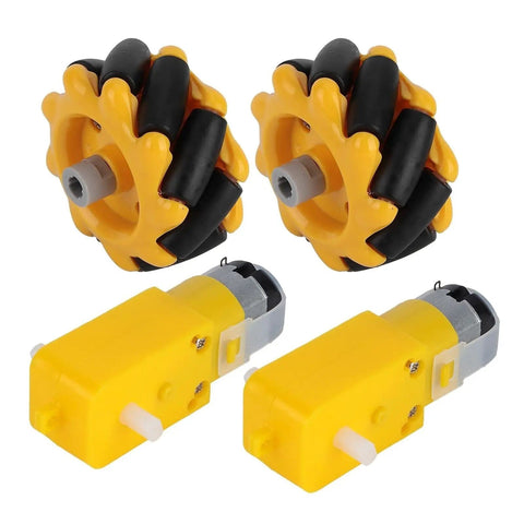 48mm Mecanum Wheel Set With TT Motors For Smooth Omnidirectional Robot Movement, Rubber Coated Wheels For Superior Grip On Any Surface, 3V To 12V Compatibility, Left And Right Pair For Your Go-To DIY Robotics Projects. Showing yellow TT motors and black rubber-coated wheels.