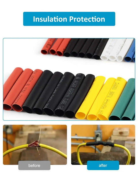 650 Pcs Heat Shrink Tubing Assortment Kit 2 To 1 Shrink Ratio Pro Grade Electrical Cables And Wires Insulation Protection Solder Joint Shield Ideal For RC Hobbyist DIY Projects And General Wire Harnessing colorful tubes and application examples.