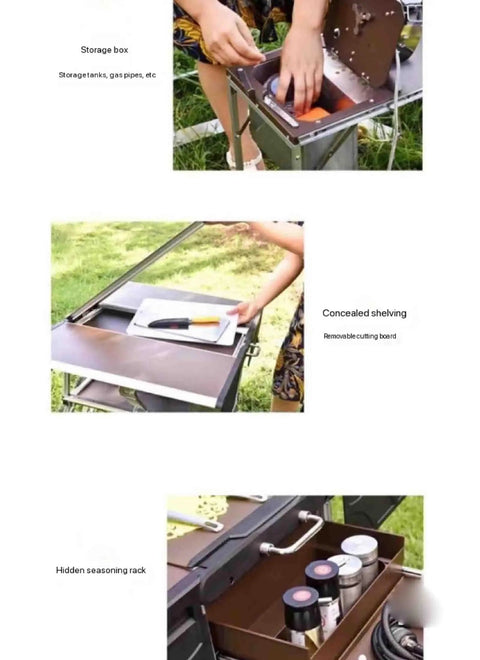 Outdoor Mobile Kitchen For Camping And RV Trips Portable Stove And Cooking Station Quick Setup storage boxes and racks