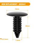 Badass 60 Piece Auto Body Trim Pack With Fender Flare Clips And Rocker Molding Retainers For Jeep Wrangler Chrysler Ford Rig Plus Slick Fastener Puller Tool - black push rivet with dimensions shown.