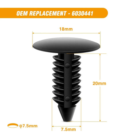 Badass 60 Piece Auto Body Trim Pack With Fender Flare Clips And Rocker Molding Retainers For Jeep Wrangler Chrysler Ford Rig Plus Slick Fastener Puller Tool - black push rivet with dimensions shown.