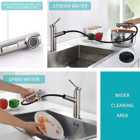 Chrome Kitchen Sink Faucet With Pull Out Sprayer For Farmhouse And Bar Sinks Durable Lead Free Stainless Steel Mixer Tap With Fingerprint Resistant Chrome Finish Easy Install No Fuss, shown with spray and stream modes